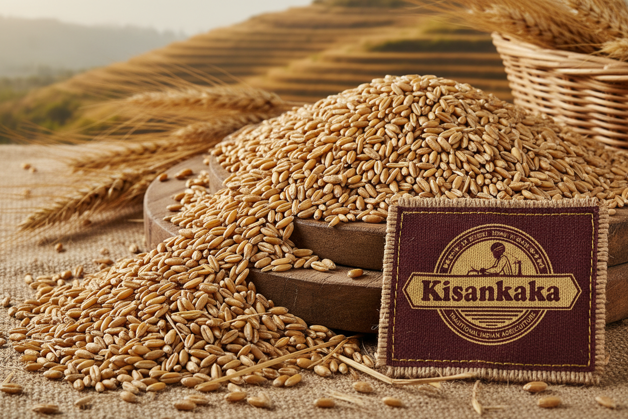 create a image of khapli wheat with the branding of Kisankaka