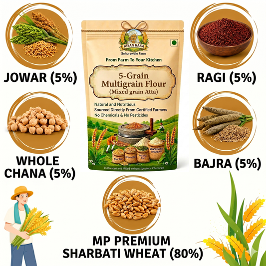 Packaging of 5-Grain Multigrain Flour with ingredients listed around it.
