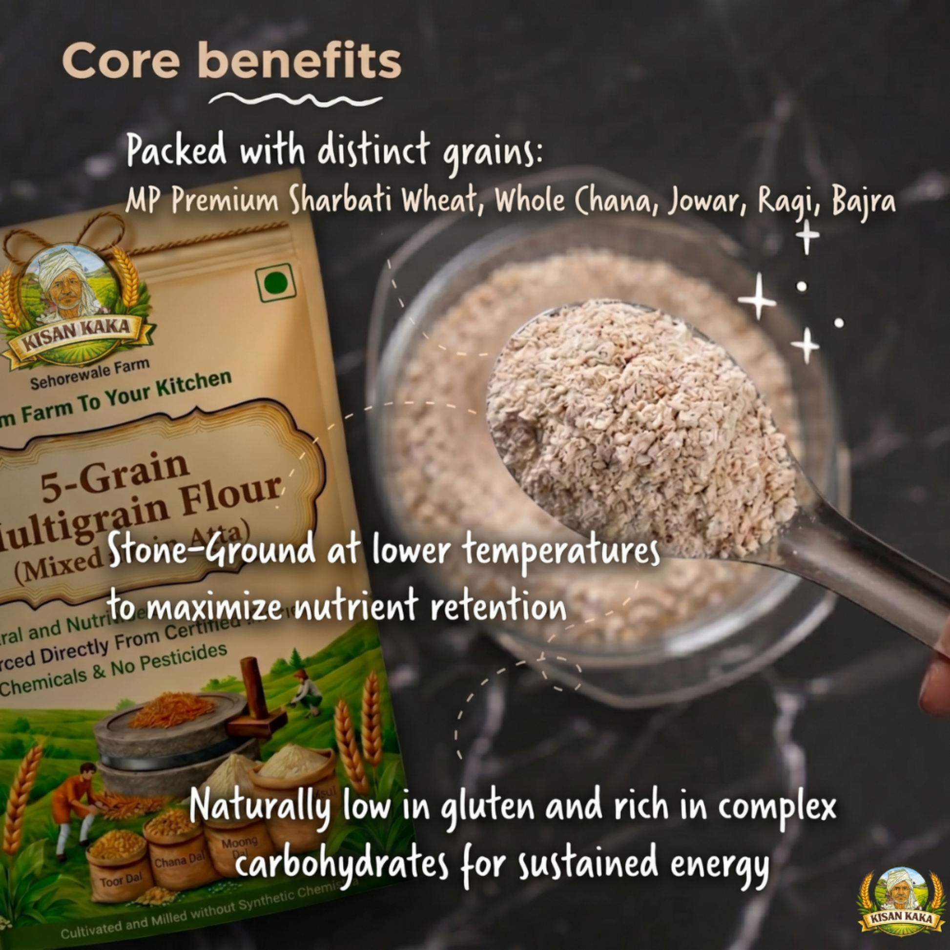 5-Grain multigrain flour package with a scoop of flour and text highlighting benefits