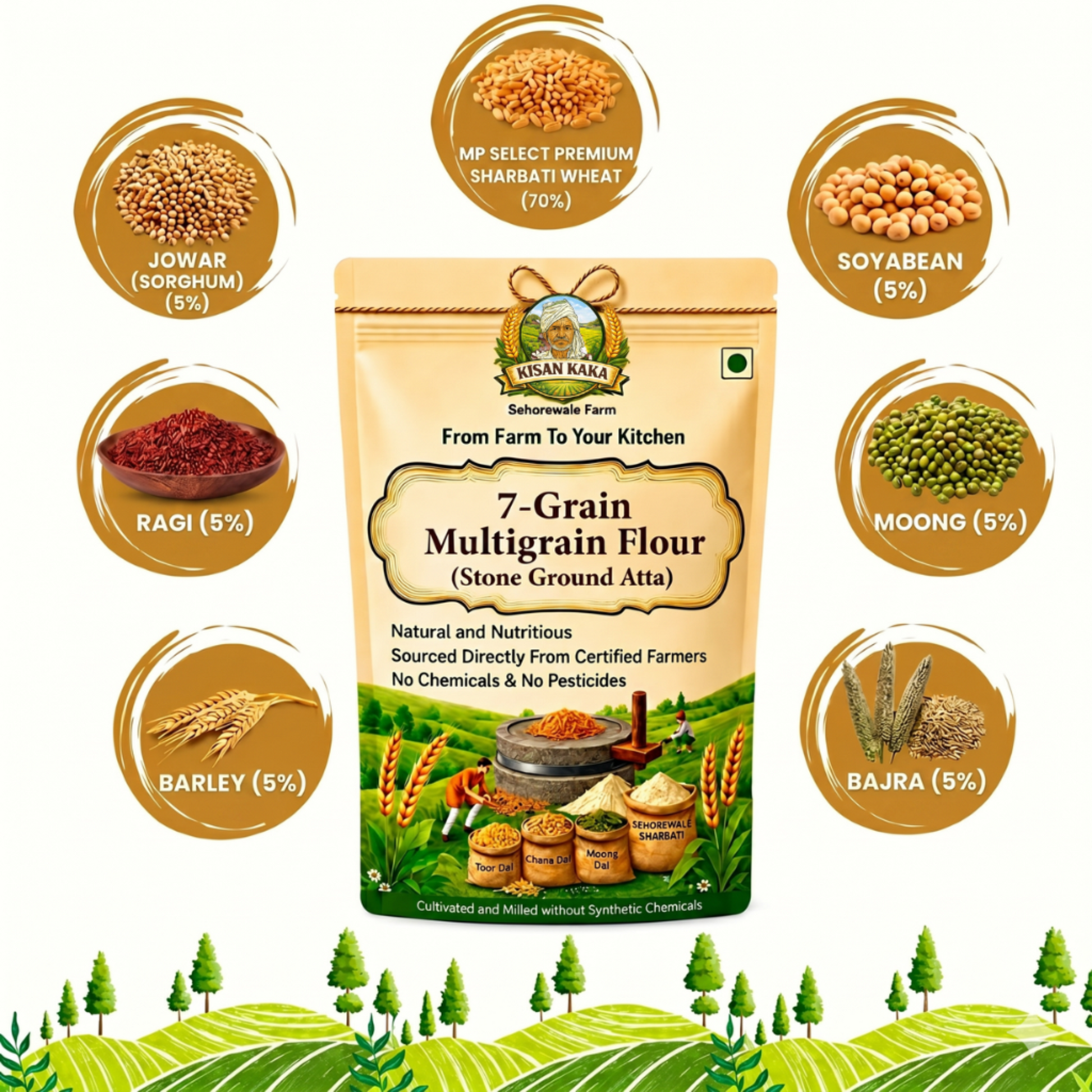 7-Grain Multigrain Flour package with ingredient circles and farm background