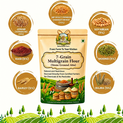 7-Grain Multigrain Flour package with ingredient circles and farm background