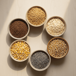 Assorted seeds in small bowls on a neutral background