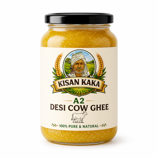 Jar of Kisan Kaka A2 Desi Cow Ghee on a white background