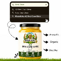Jar of Kisan Kaka A2 Desi Cow Ghee with search bar above it on a white background