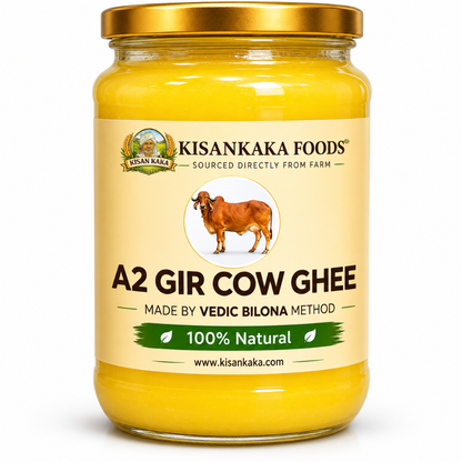 Jar of A2 Gir Cow Ghee from Kisankaka Foods on a white background