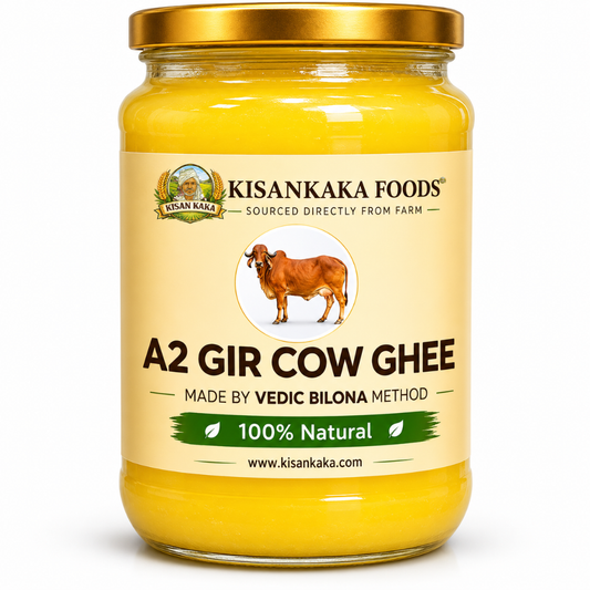 Jar of A2 Gir Cow Ghee from Kisankaka Foods on a white background