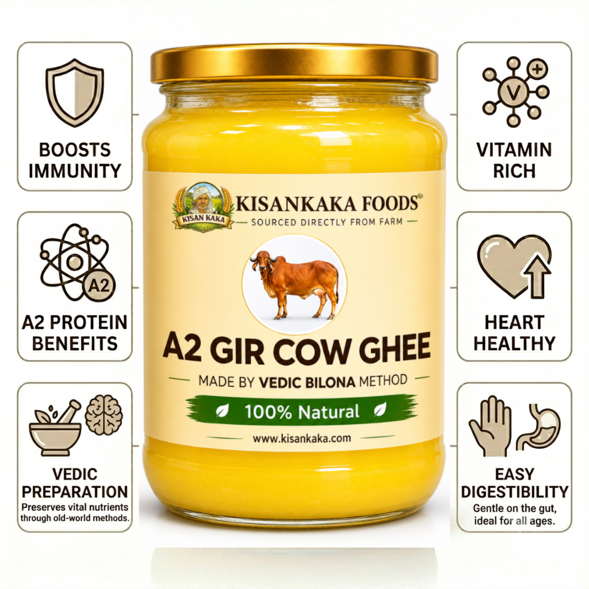 Jar of Kisan Kaka Foods A2 Gir Cow Ghee with health benefits listed on a white background