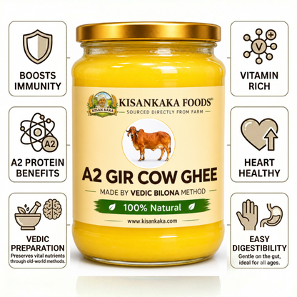 Jar of Kisan Kaka Foods A2 Gir Cow Ghee with health benefits listed on a white background