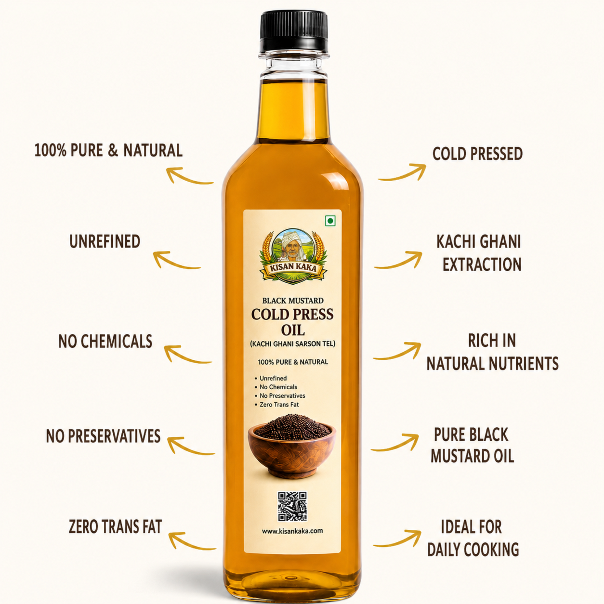Bottle of black mustard cold press oil with label details on a white background