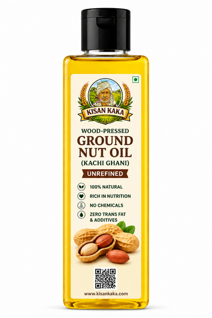 Bottle of Kisan Kaka wood-pressed groundnut oil on a white background