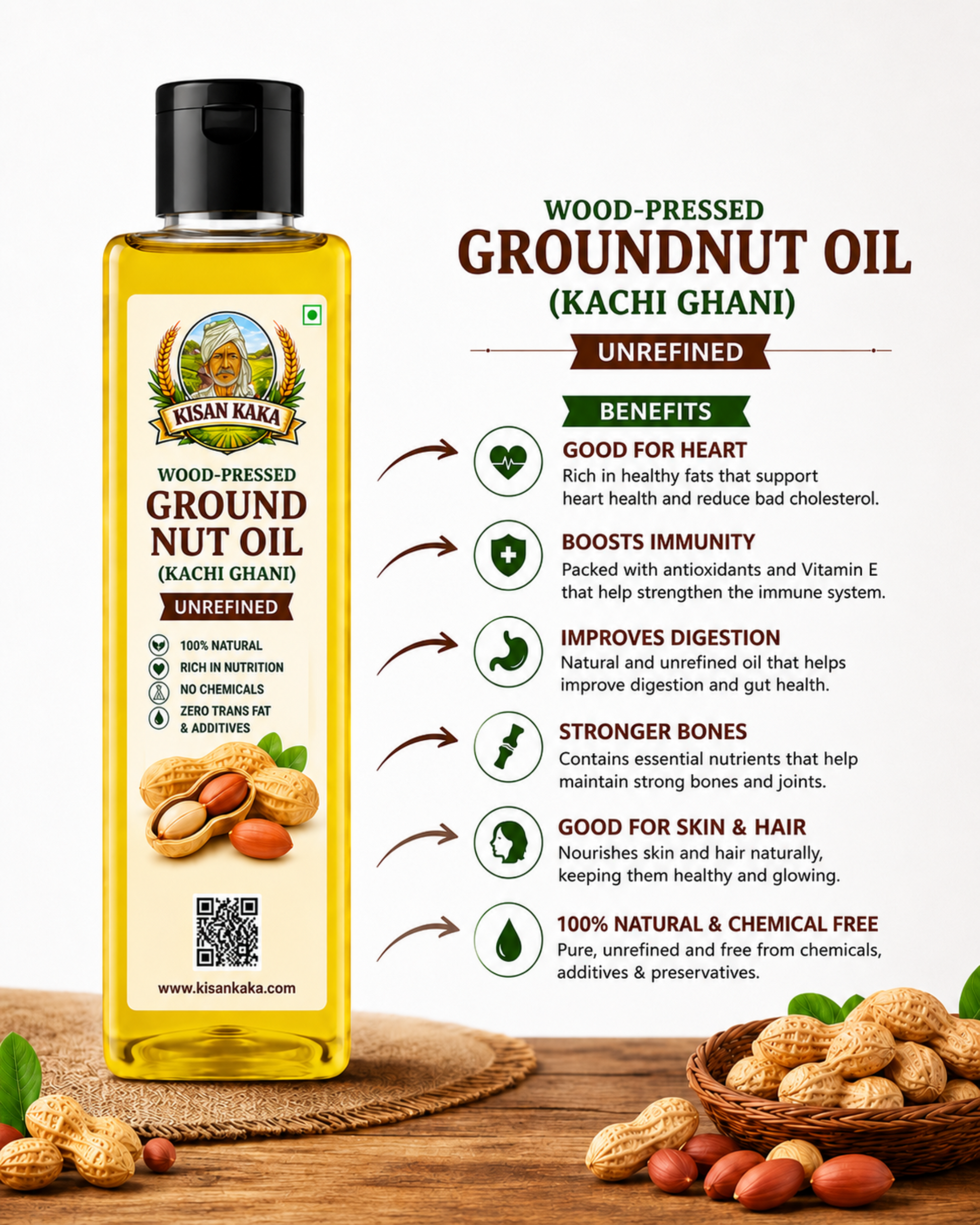 Kisan Kaka wood-pressed groundnut oil bottle with health benefits on a white background