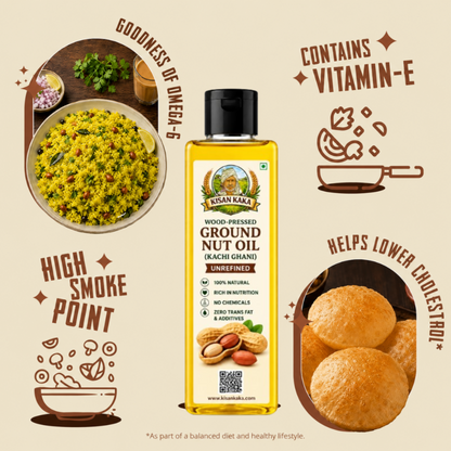A bottle of groundnut oil with health benefits highlighted on a beige background