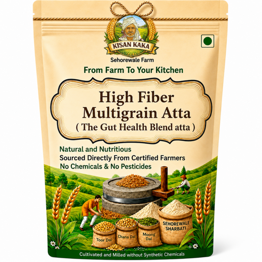 Kisan Kaka High Fiber Multigrain Atta package with farm scene illustration