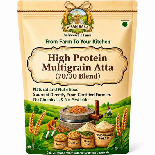 Kisan Kaka High Protein Multigrain Atta package with farm scene illustration