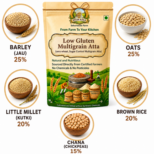 Package of low gluten multigrain atta with ingredients displayed around it.