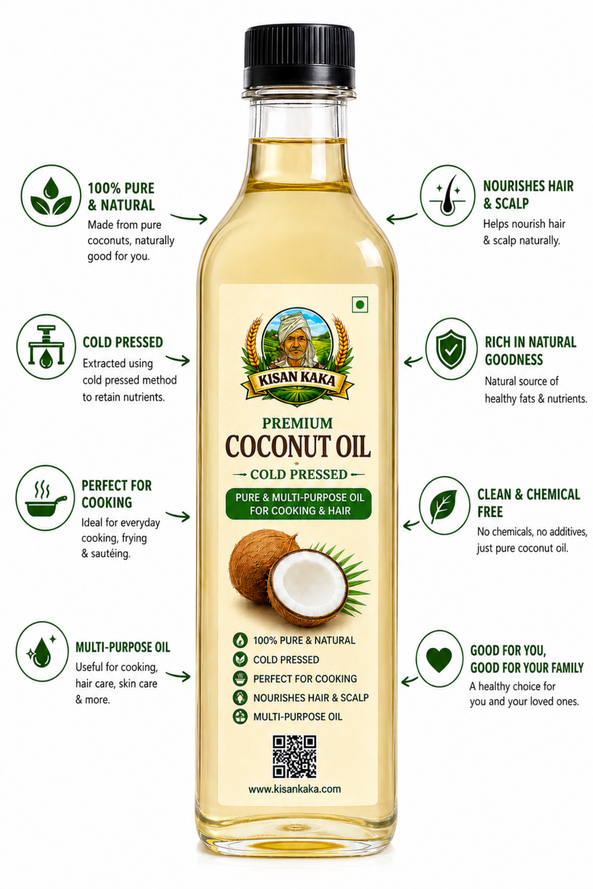 Kisan Kaka Premium Coconut Oil bottle with labels on a white background