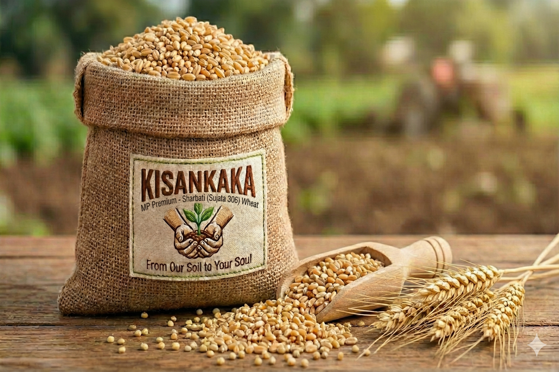 Bag of KISANKAKA seeds with a background of a field and tractor.