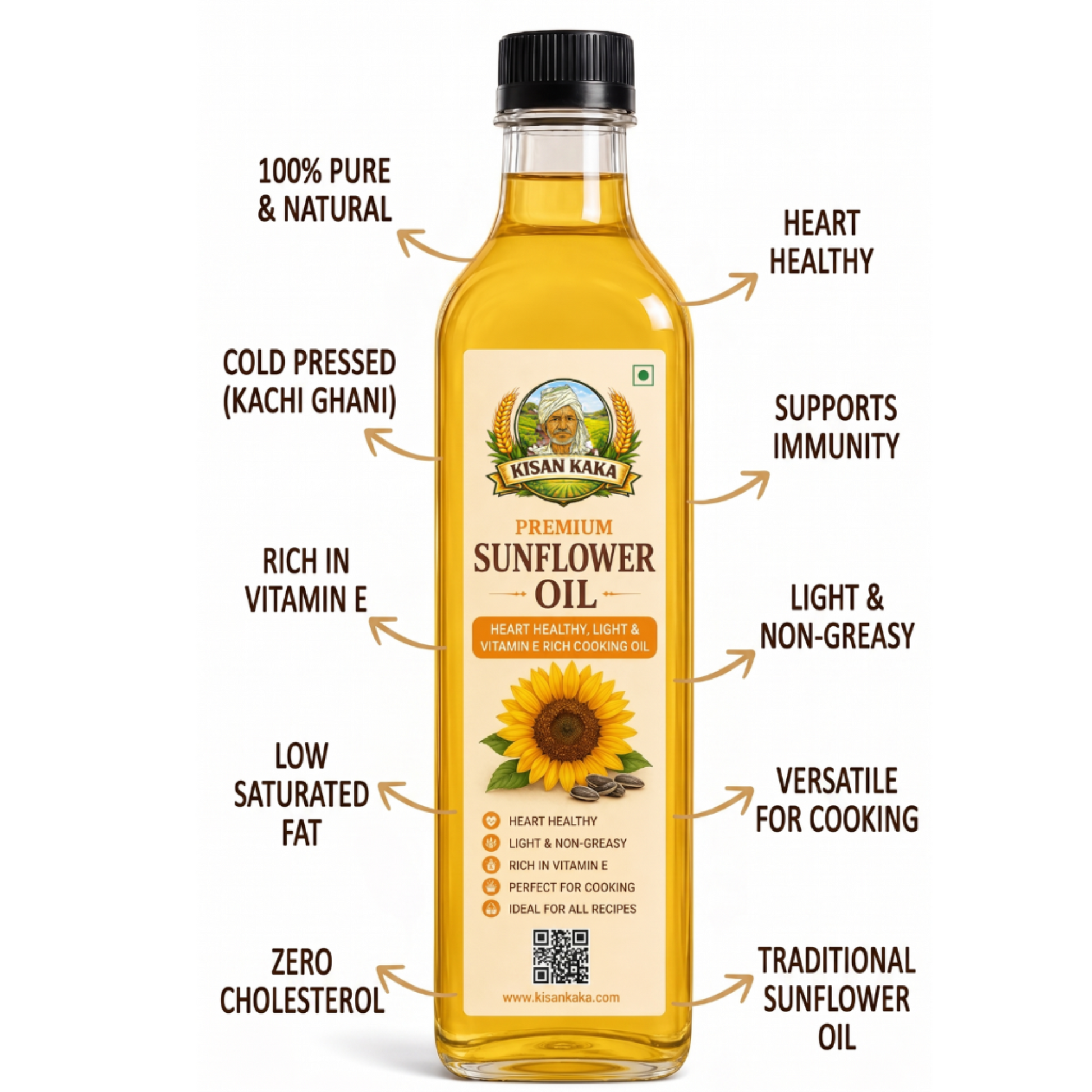 Bottle of Kisan Kaka Premium Sunflower Oil with text highlighting its benefits on a white background