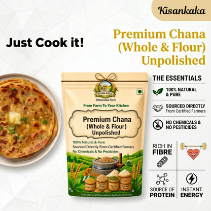Kisankaka Premium Chana package with a flatbread on a white background