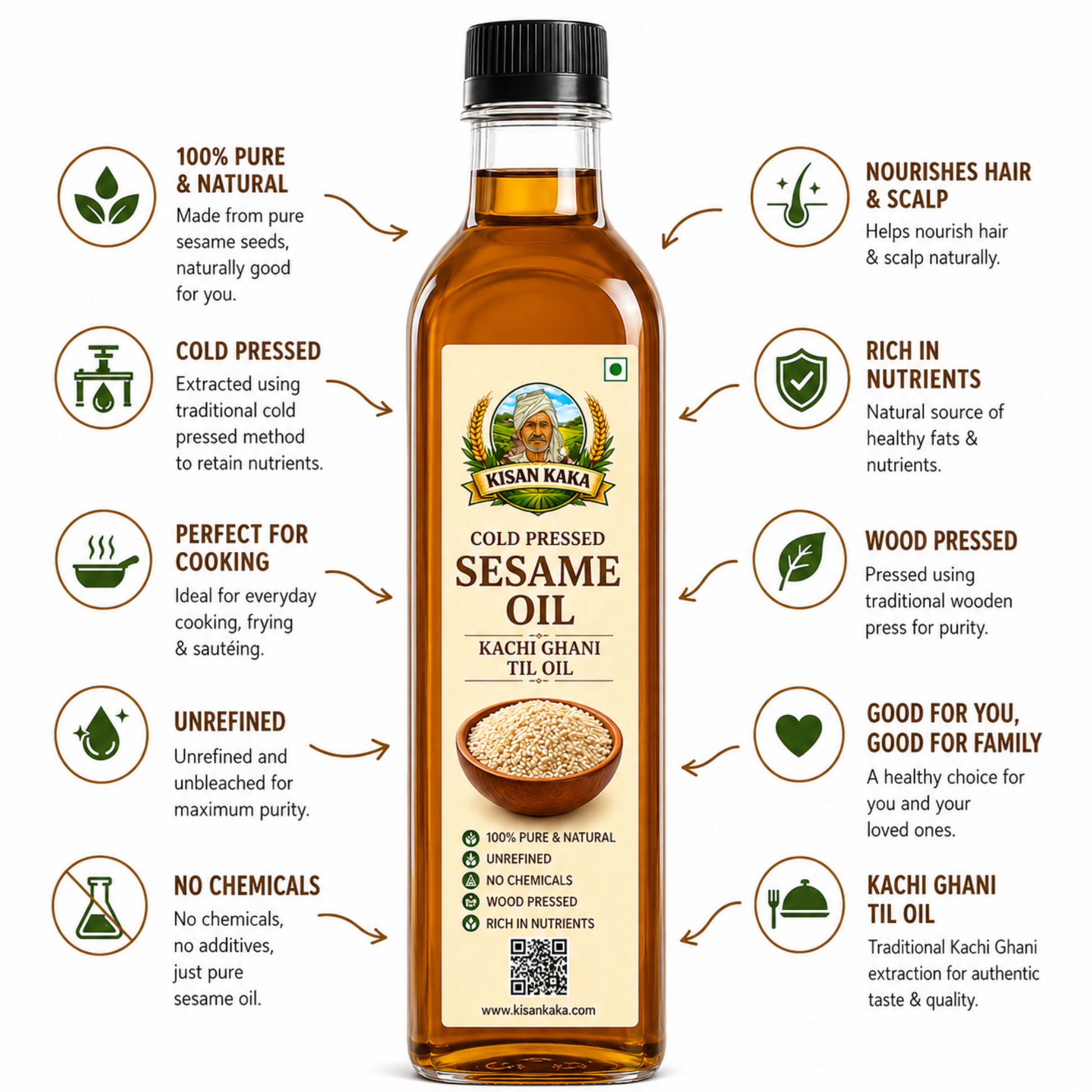 Bottle of Kisan Kaka cold pressed sesame oil with label details on a white background