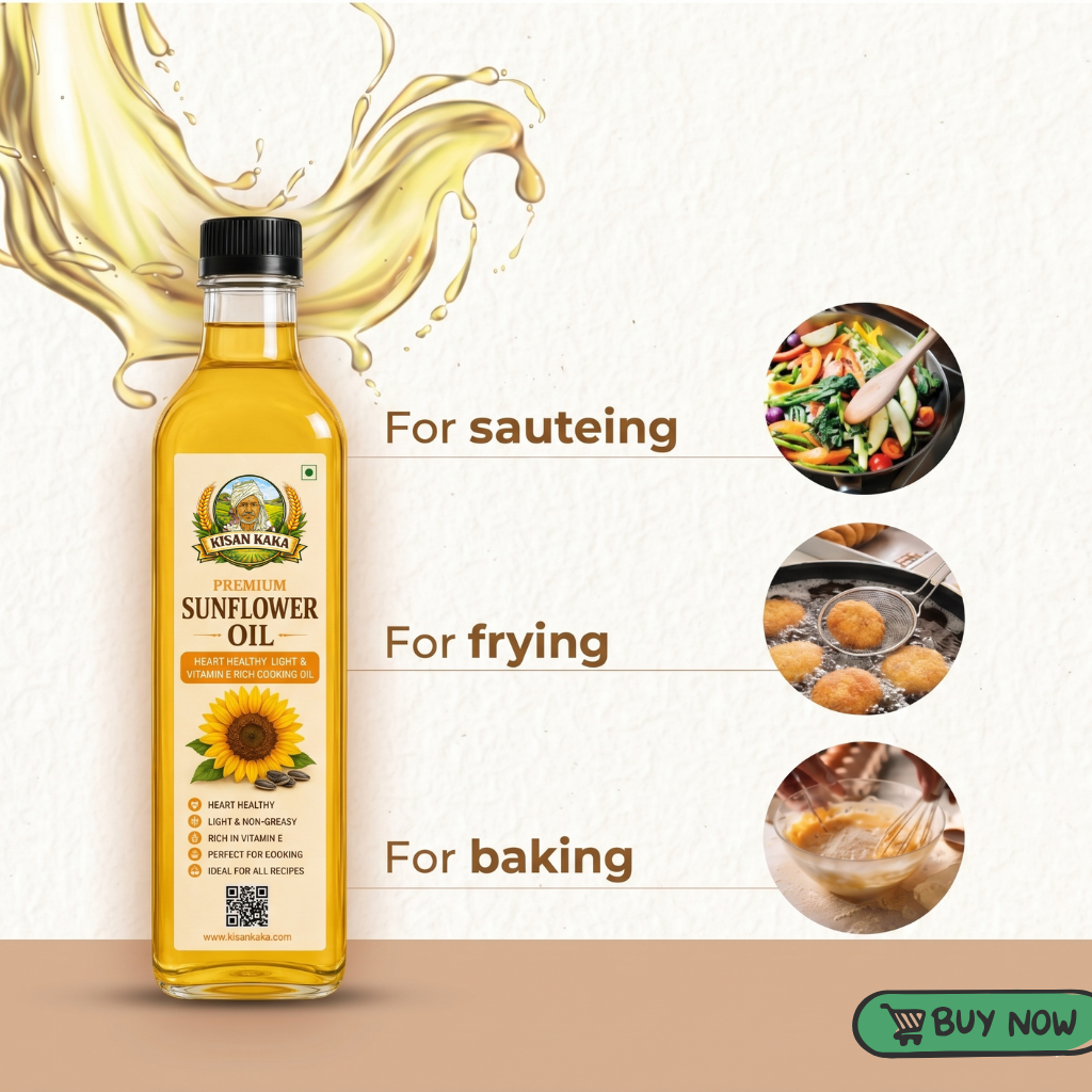 Sunflower oil bottle with usage instructions for sauteing, frying, and baking, on a beige background.