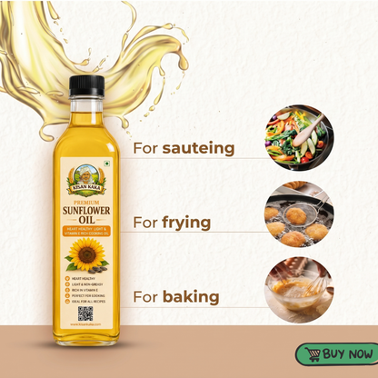 Sunflower oil bottle with usage instructions for sauteing, frying, and baking, on a beige background.