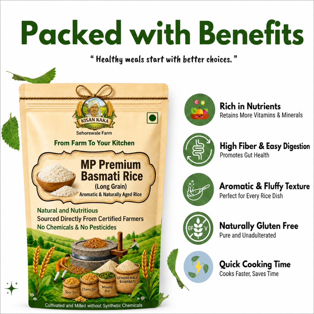 A stand-up pouch of Osman Bazaar MP Premium Basmati Rice on a white background with large green text reading 'Packed with Benefits' and a column of benefit callouts on the right.