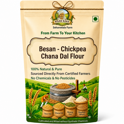 Kisan Kaka Besan-Chickpea Chana Dal Flour packaging with farm scene illustration