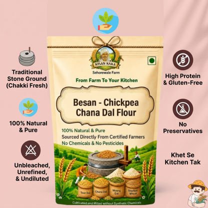 Risan Kaka Besan-Chickpea Chana Dal Flour packaging with branding and product details on a pink background