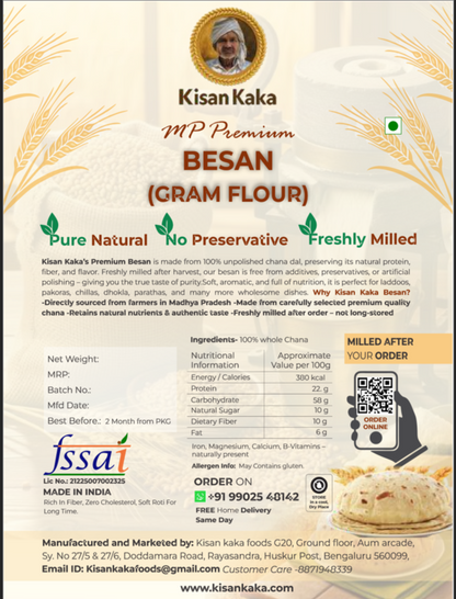 Kisan Kaka MP Premium Besan (Cram Flour) packaging with branding and product details.