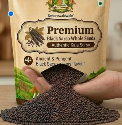 Bag of Premium Black Sarso Whole Seeds with a hand holding some seeds.