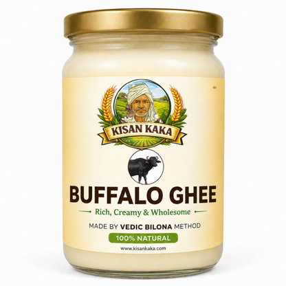 Jar of Kisan Kaka Buffalo Ghee with a gold lid on a white background