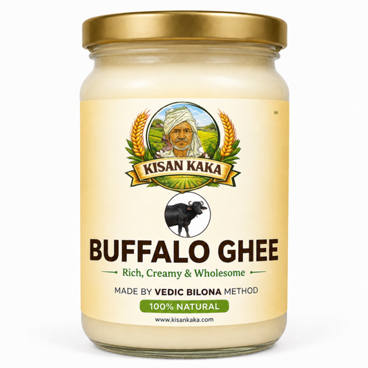 Jar of Kisan Kaka Buffalo Ghee with a gold lid on a white background