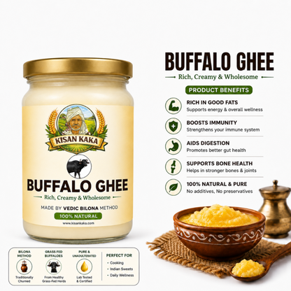 Jar of Kisan Kaka Buffalo Ghee with product benefits on a white background