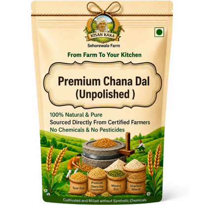 Kisan Kaka Premium Chana Dal packaging with farm scene illustration