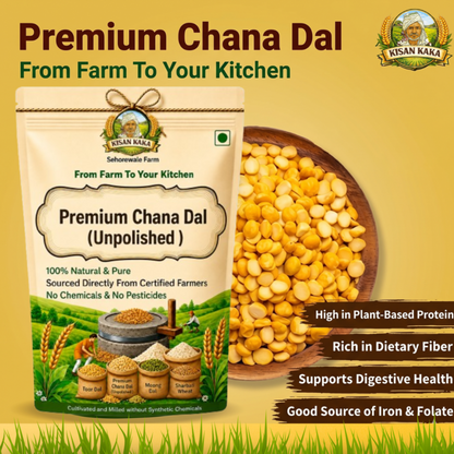 Kisan Kaka Premium Chana Dal packaging with text on a yellow background