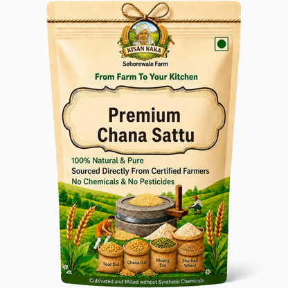 Kisan Kaka Premium Chana Sattu packaging with farm scene illustration