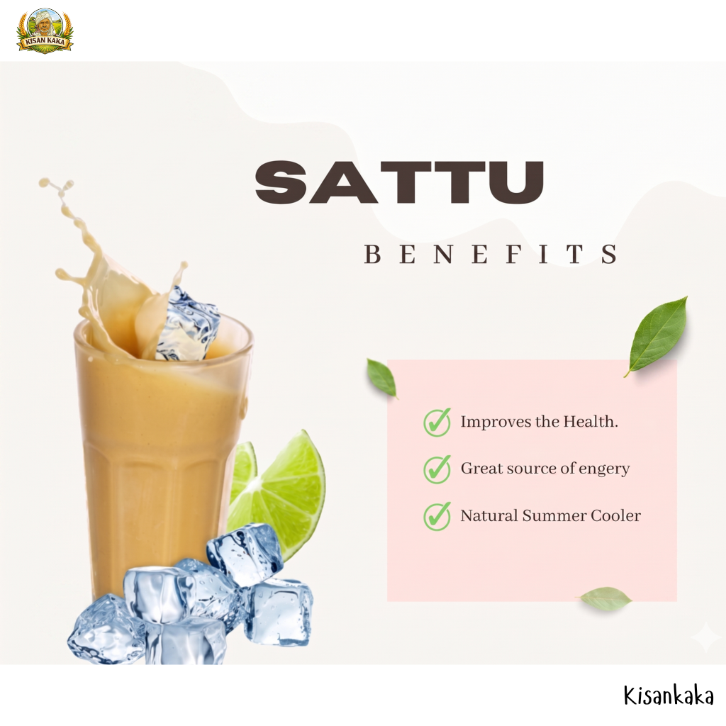 Sattu benefits advertisement with a glass of a brownish drink, ice cubes, and lime slices on a white background.