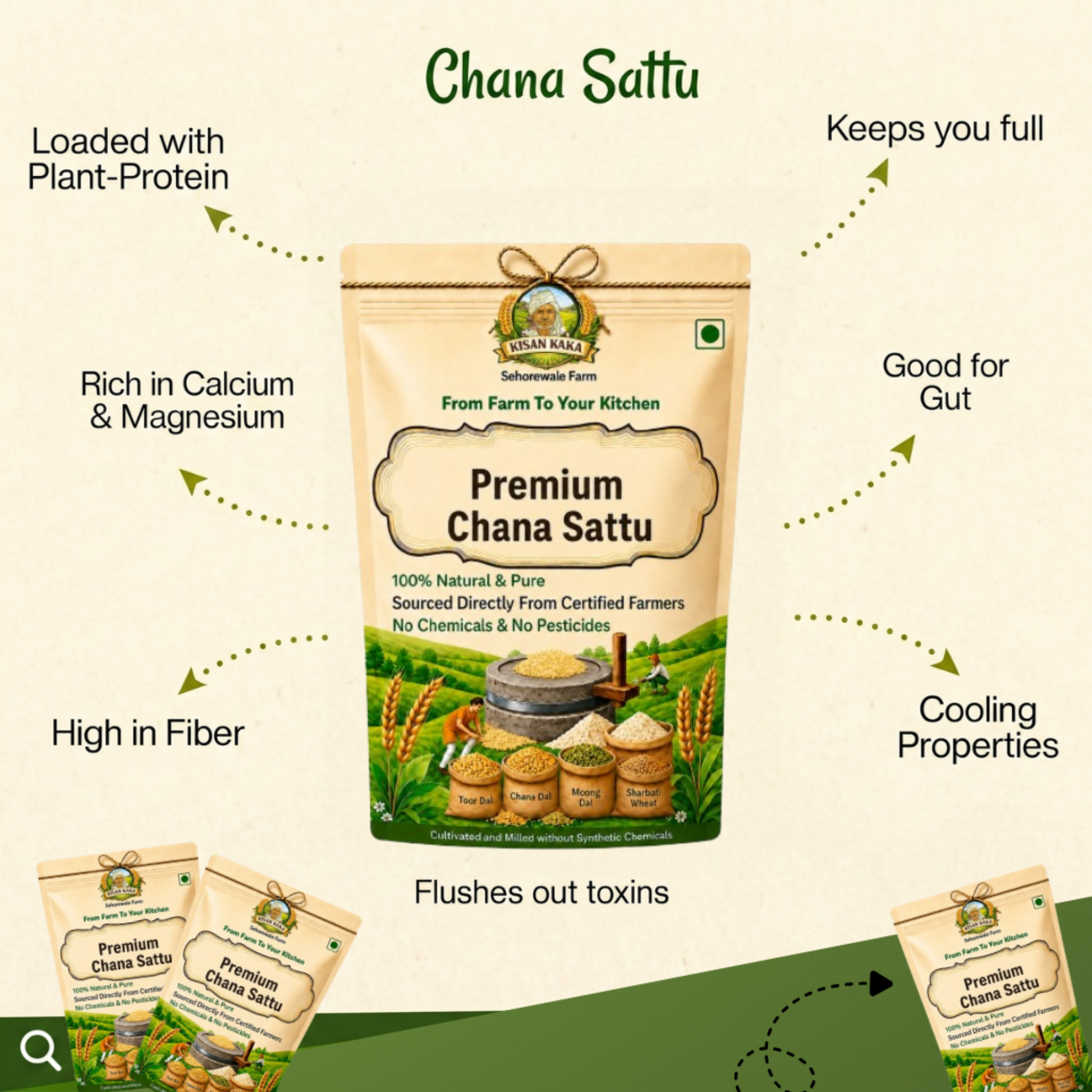 Premium Chana Sattu packaging with health benefits on a beige background