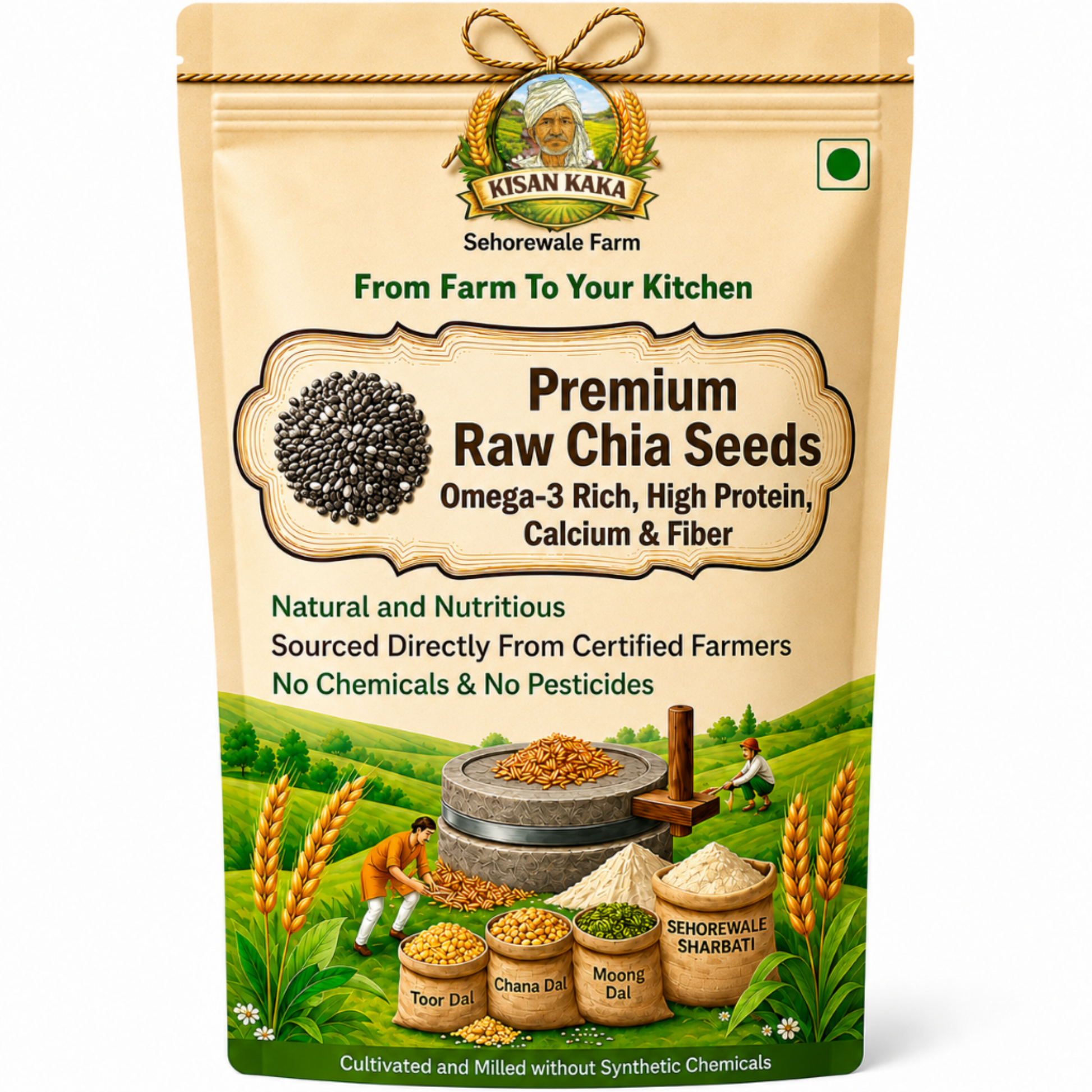 Kisan Kaka Premium Raw Chia Seeds packaging with farm scene illustration