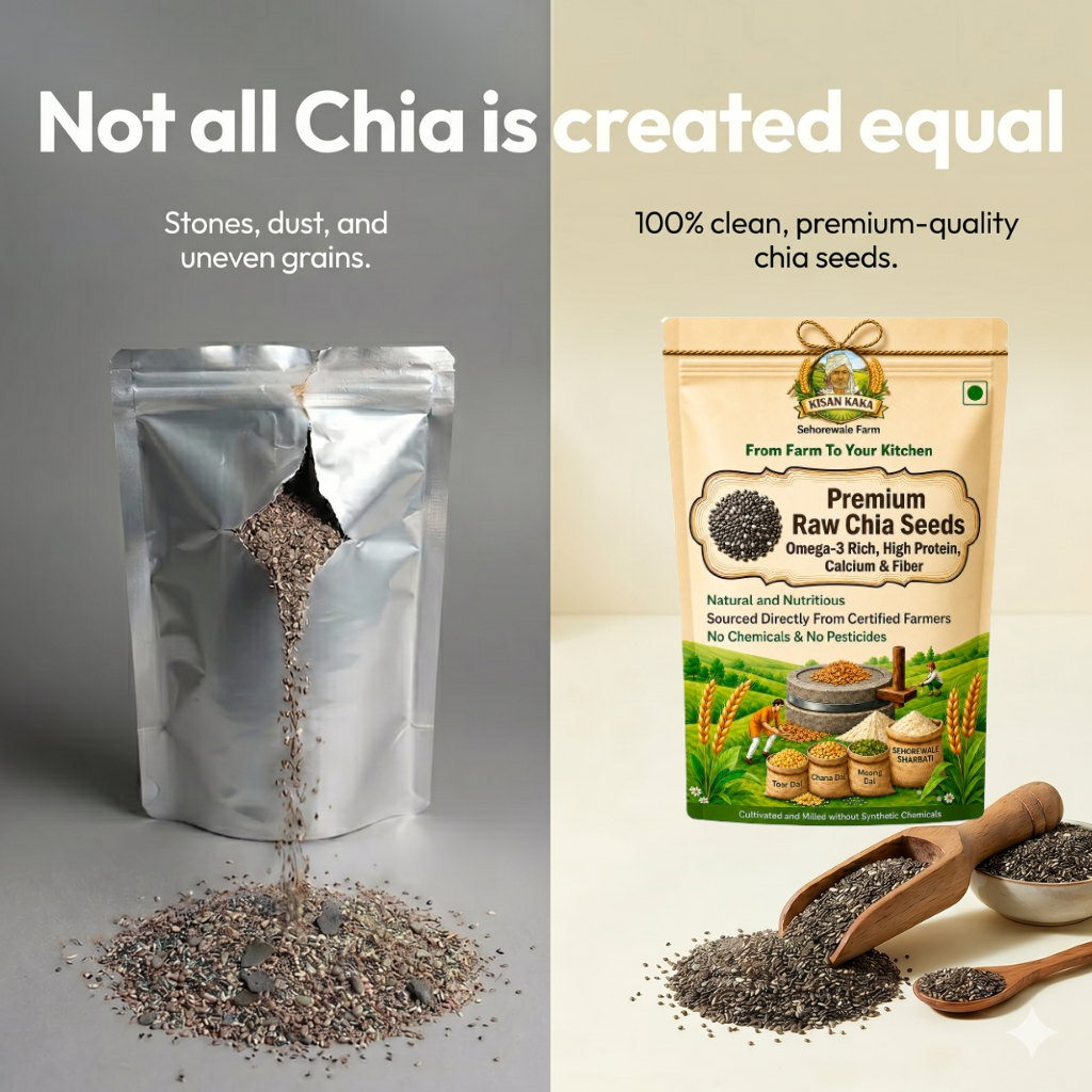 Comparison of chia seeds in a clear bag with visible impurities and a branded package of premium chia seeds.