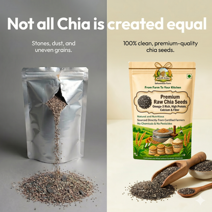 Comparison of chia seeds in a clear bag with visible impurities and a branded package of premium chia seeds.