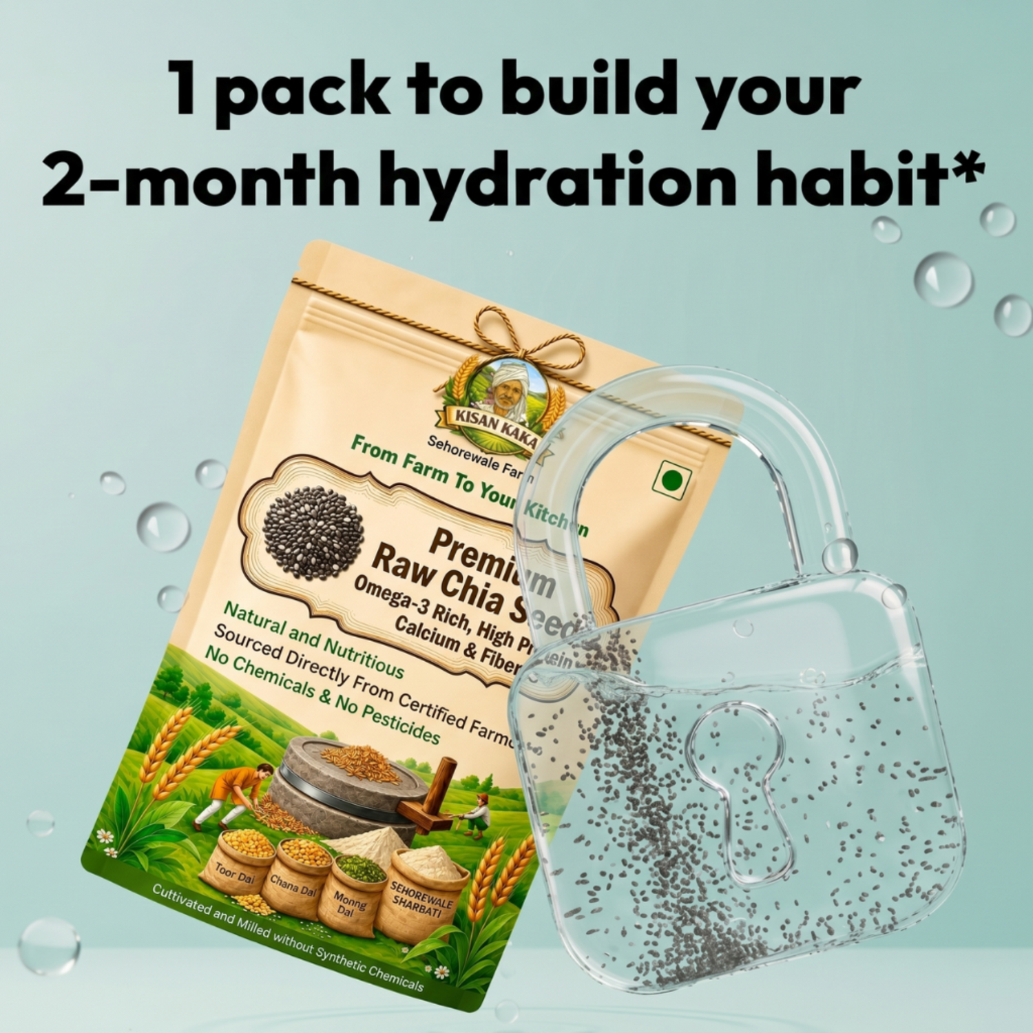 Kisan Karta Premium Raw Chia Seed package with a clear handbag on a light blue background