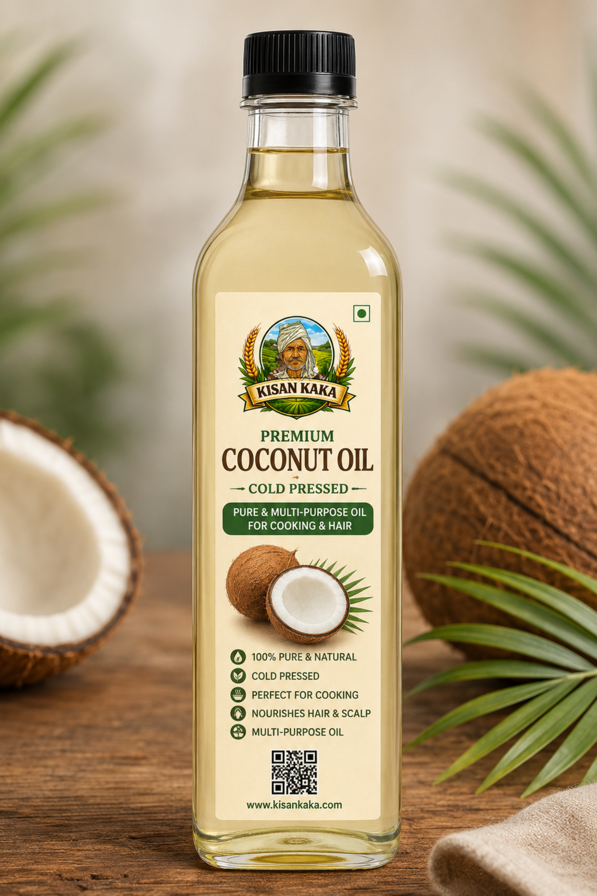 Bottle of Kisan Kaka Premium Coconut Oil with coconuts and palm leaves in the background