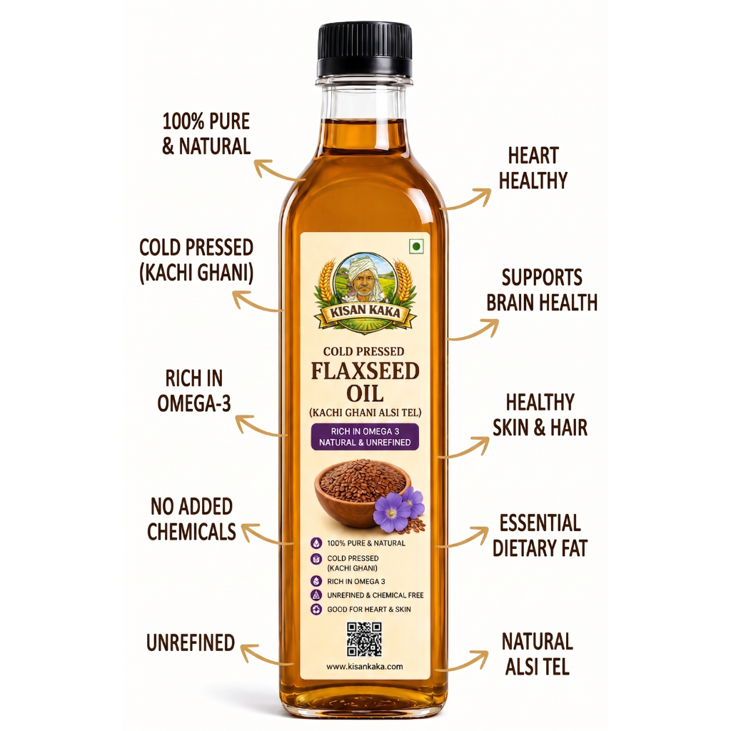 Bottle of Kisan Kaka Flaxseed Oil with label highlighting benefits on a white background
