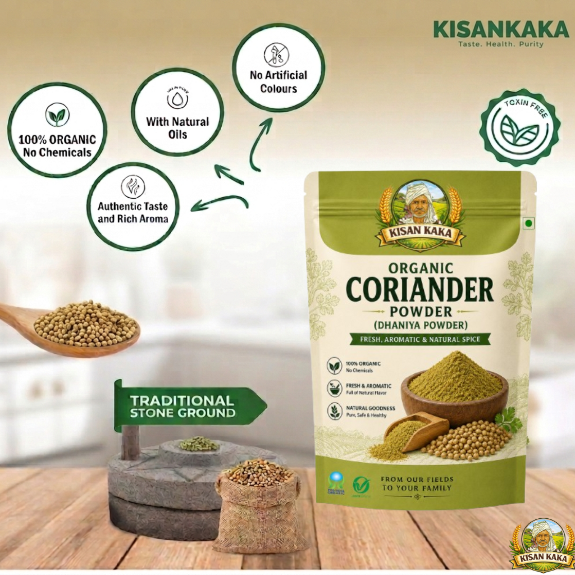 Kisan Kaka Organic Coriander Powder packaging with product details on a wooden surface.