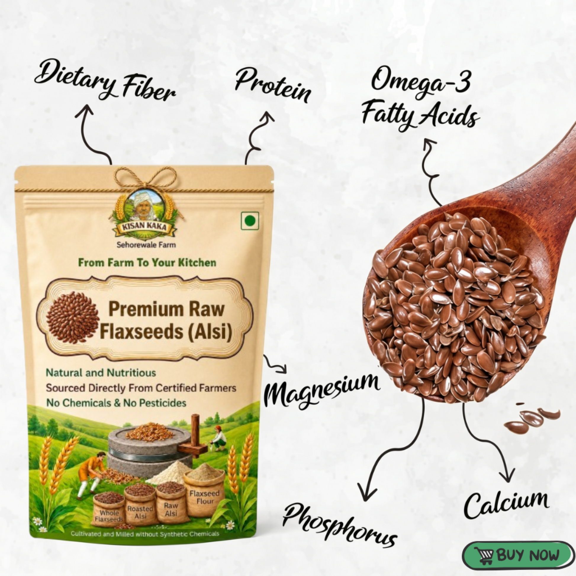 Bag of premium raw flaxseeds with a wooden spoon full of seeds, labeled with health benefits on a white background.