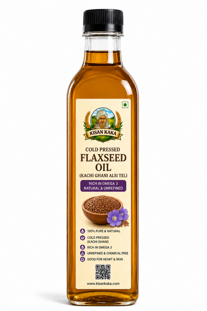 Bottle of Kisan Kaka Cold Pressed Flaxseed Oil on a white background