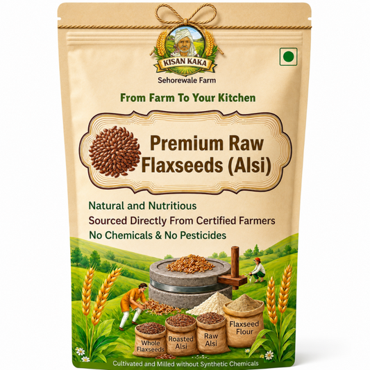 Kisan Kaka Premium Raw Flaxseeds packaging with farm scene illustration