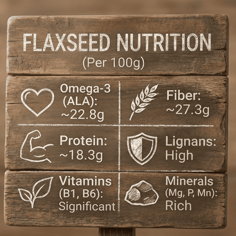 Wooden sign with flaxseed nutrition information on a brown background